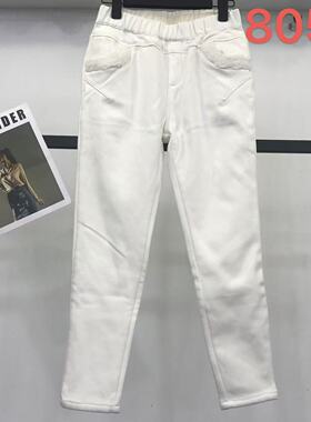 2025冬新品牌白色日韩系宝宝绒阿布壹社纯棉加绒弹力松紧腰小脚裤