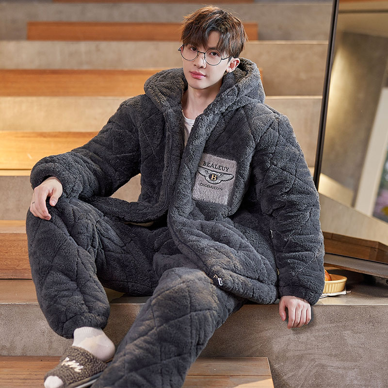 睡衣男珊瑚绒三层夹棉秋冬季加厚加绒款套装男士可外穿家居服套装