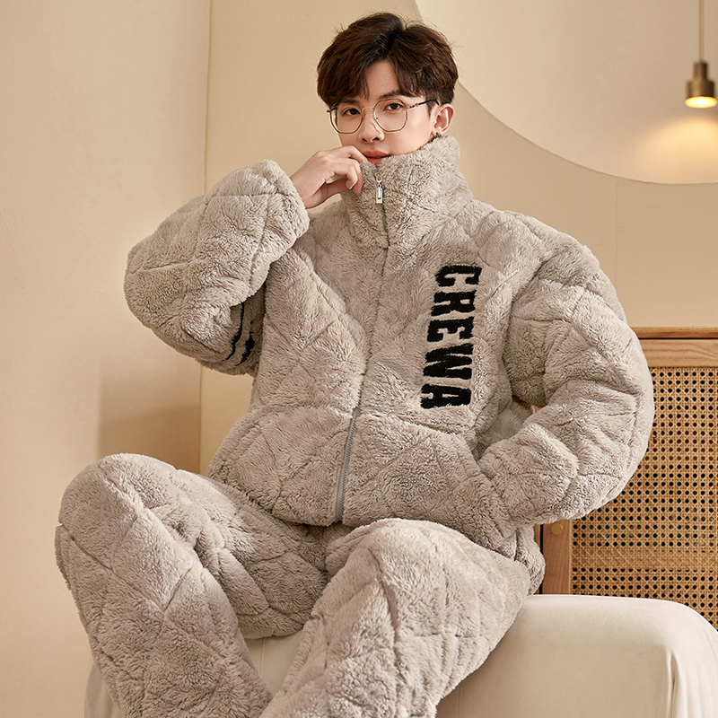 男士睡衣冬季珊瑚绒加厚加绒男款三层夹棉秋冬款可外穿家居服套装