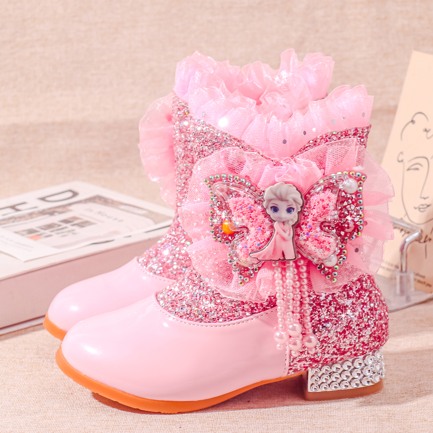 冰雪奇缘女童公主靴冬季儿童高跟棉靴2025新款宝宝加绒保暖皮靴子