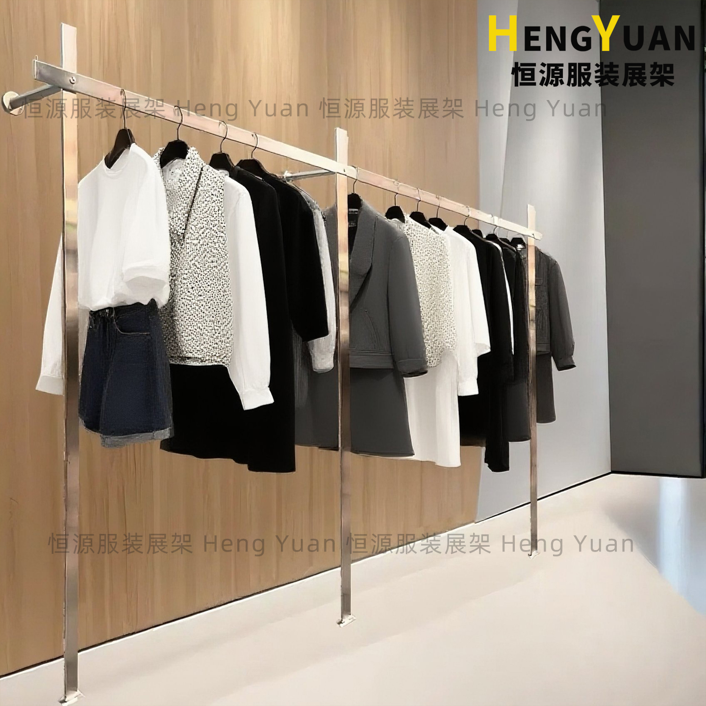 轻奢女装店服装店落地壁挂式展示陈列货架上墙专用不锈钢婚纱衣架
