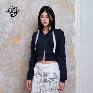 短款 双拉头甜酷长袖 卫衣外套 女秋新品 ALazyPig蕾丝印花拉链帽衫