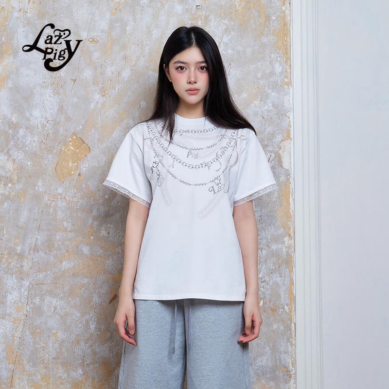 蕾丝装饰印花甜酷百搭短袖T恤