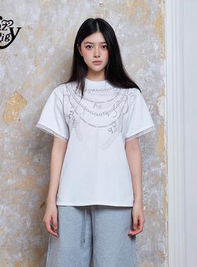 ALazyPig链条印花短袖宽松T恤女秋新品透气蕾丝装饰甜酷百搭上衣
