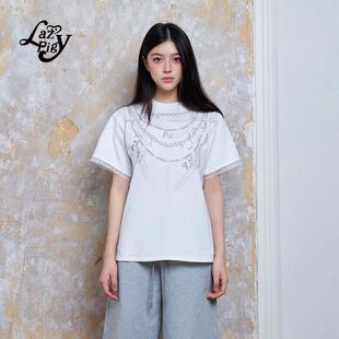 饰甜酷百搭上衣 透气蕾丝装 ALazyPig链条印花短袖 宽松T恤女秋新品
