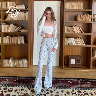 碎花印花微喇裤女秋新品辣妹