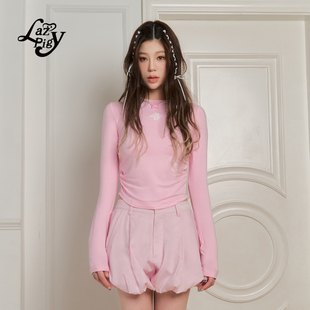 ALazyPig纯色打底长袖T恤女秋季新辣妹弹力修身短款粉色百搭上衣