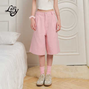直筒裤 ALazyPig粉色低腰五分牛仔裤 甜美显瘦宽松美式 新品 女夏季
