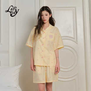 甜美爽滑透气天丝棉居家服 新品 ALazyPig爱心印花睡衣套装 女夏季