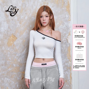 ALazyPig斜肩短款 T恤女春新品 修飾肩頸線條修身 彈力打底上衣 長袖