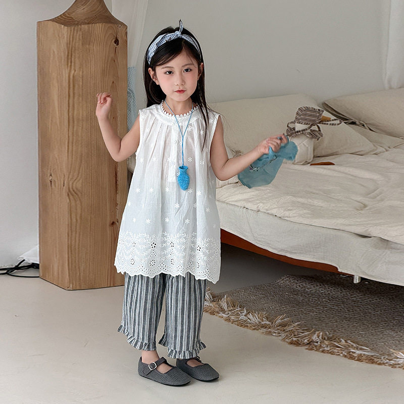 2026夏装新款女童唯美木耳边提花刺绣娃娃衫连衣裙洋气条纹阔腿裤
