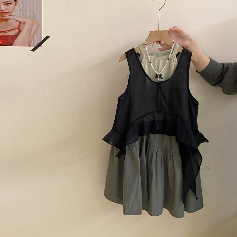 2026夏季新款女童韩系文艺森系背心时尚不规则罩衫简约百搭半身裙