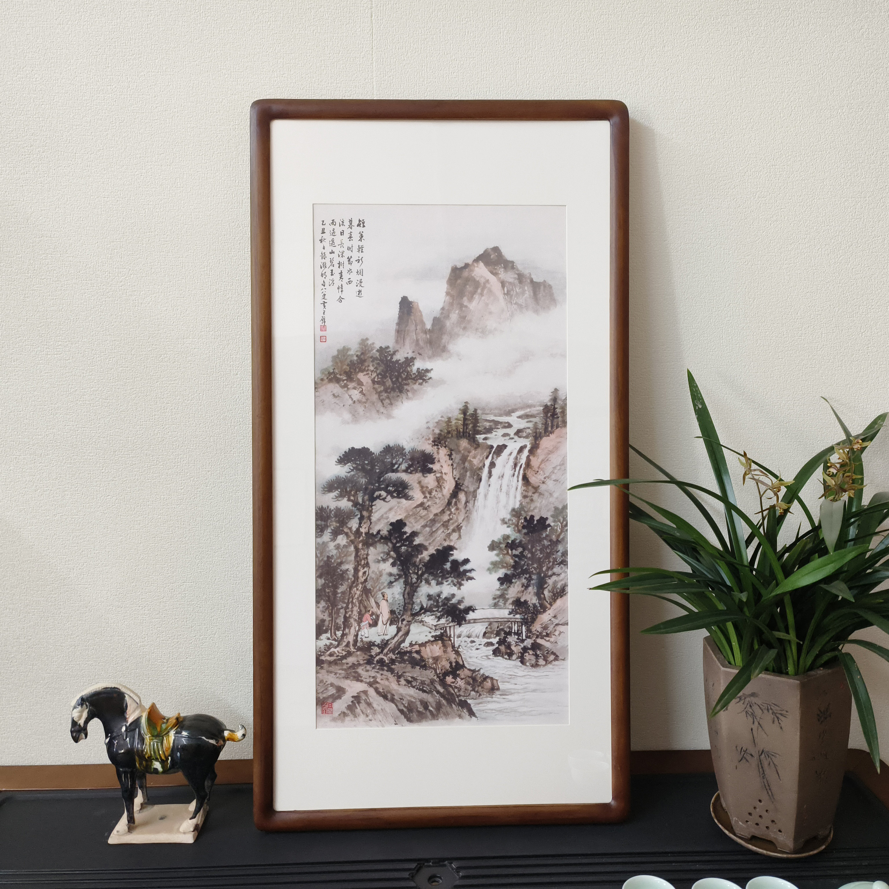 黄君璧携琴访友图竖版山水画新中式客厅玄关装饰画办公室茶室字画