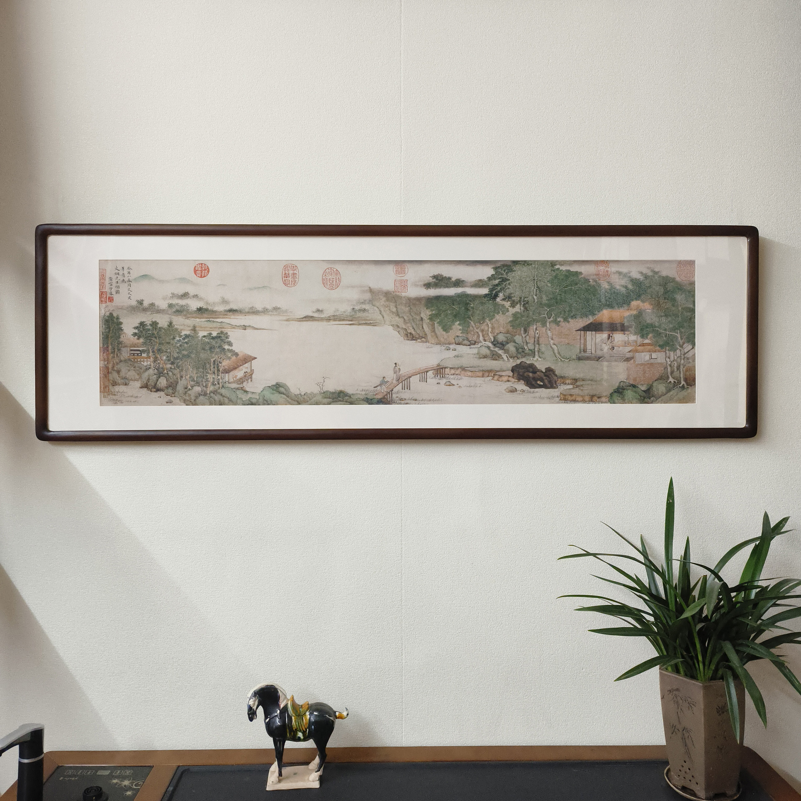 携琴访友图山水画新中式客厅背景墙装饰画书房茶室中古风横版挂画