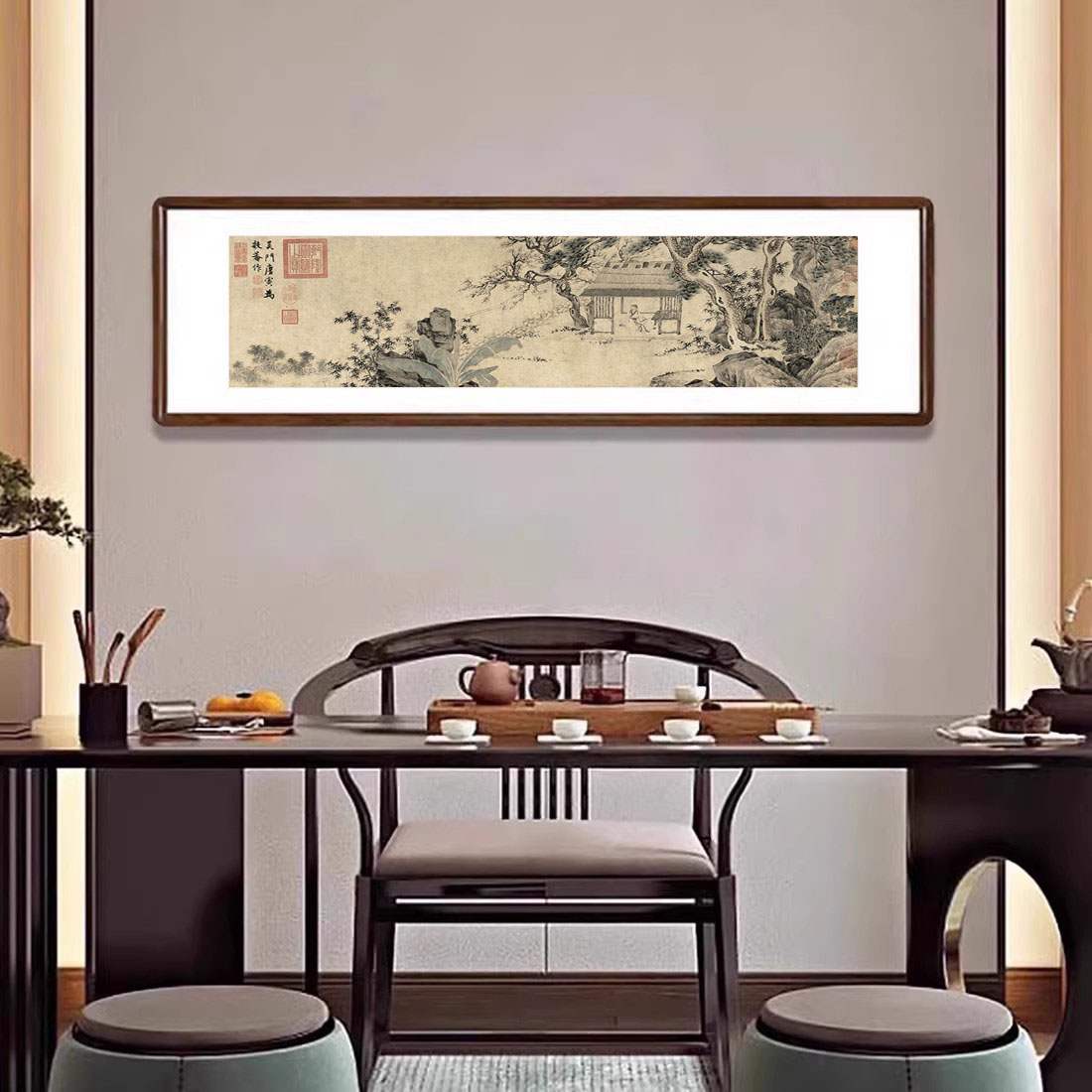 唐寅山水画古代名画新中式客厅复古壁画展厅字画茶室背景墙装饰画