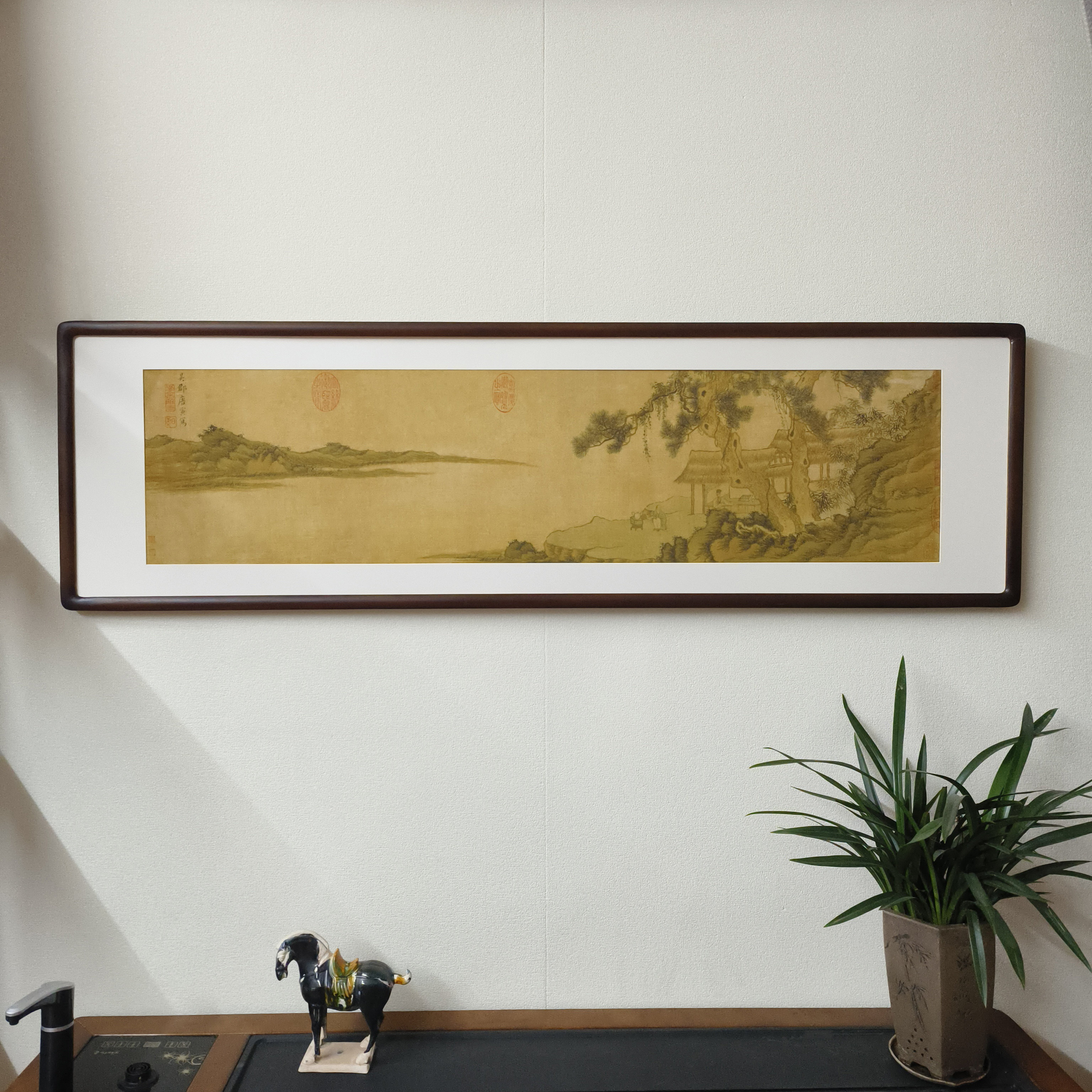 唐寅山水画煮茶图新中式客厅装饰画书房茶室背景墙中古风实木挂画