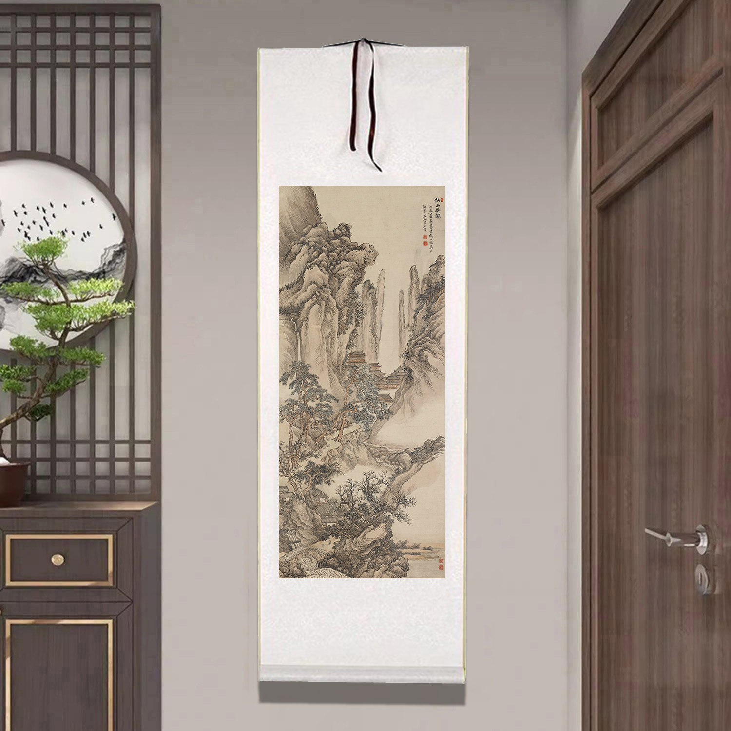 王翚山水画仙山楼阁图立轴挂画客厅装饰画书房茶室背景墙复古字画