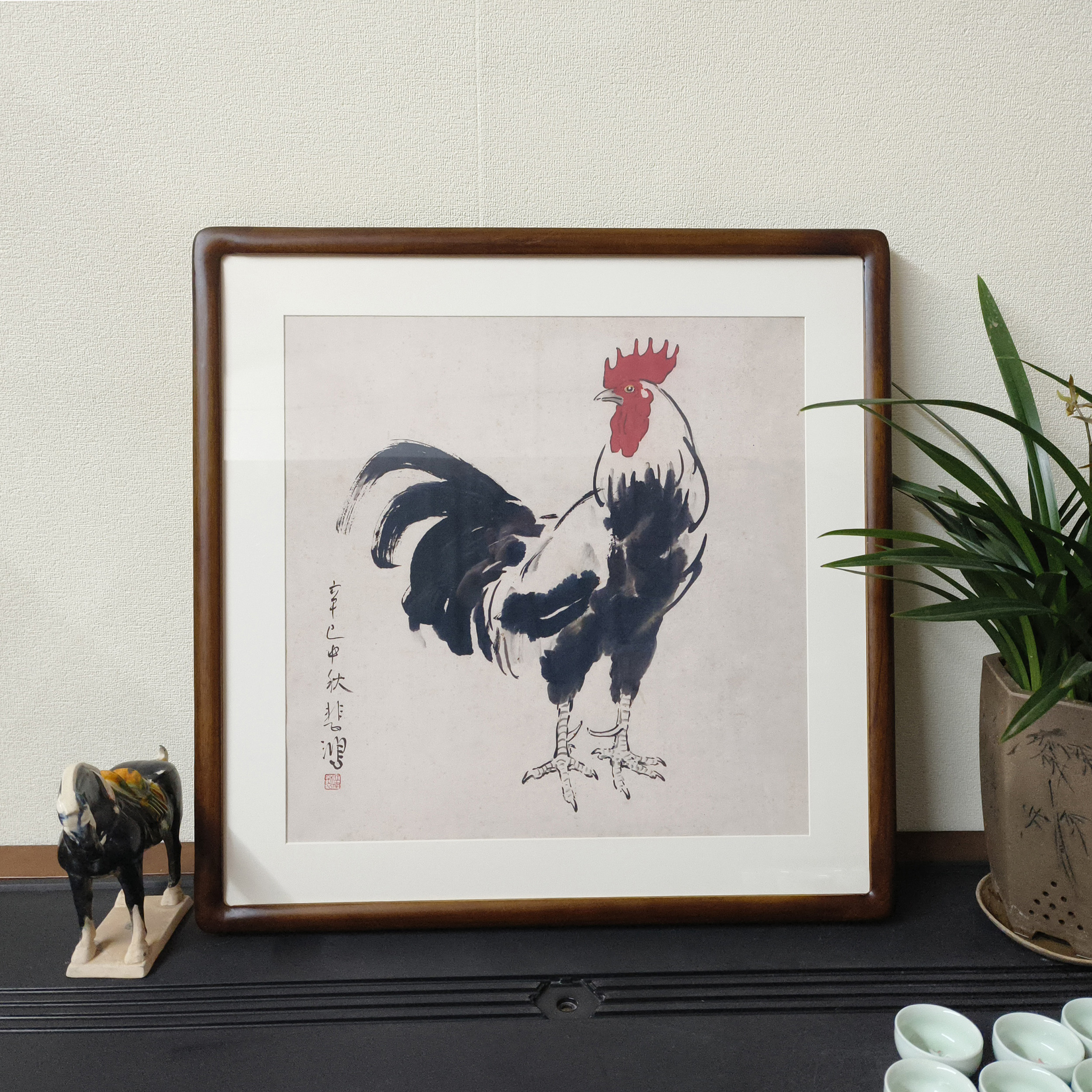 国画大公鸡斗方字画客厅装饰画正西玄关镇宅壁画徐悲鸿鸡鸣富贵图