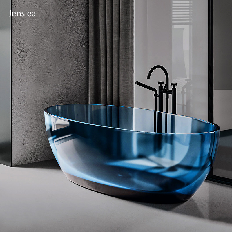 新款轻奢网红酒店别墅彩色透明树脂人造石一体成型浴缸家用独立式