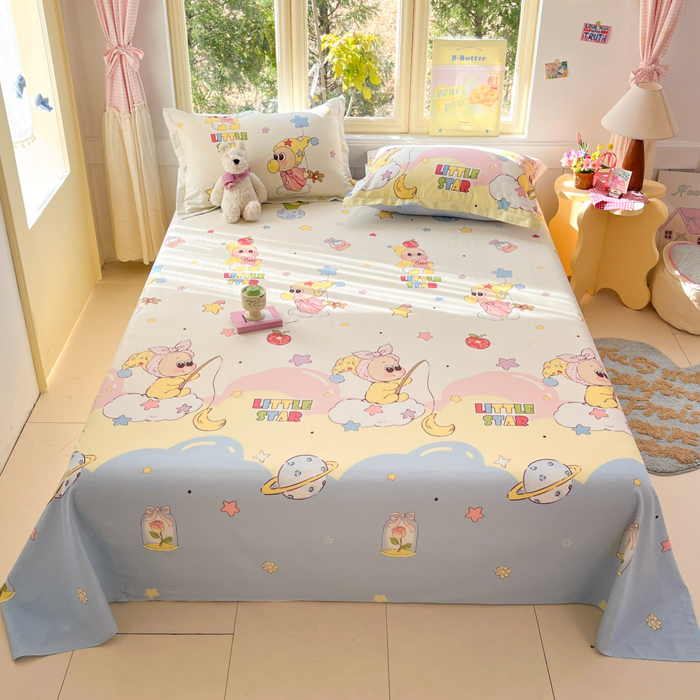 卡通可爱纯棉床单单件全棉100儿童女孩学生宿舍被单人枕套2三件套