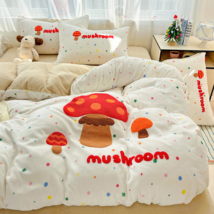 秋冬加厚牛奶绒床上四件套珊瑚绒面卡通可爱蘑菇被套床单床笠床品