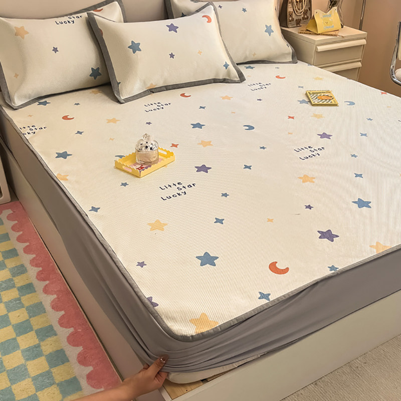 冰丝床笠款凉席夏款儿童女孩星星月亮软席床罩式床垫套防滑三件套