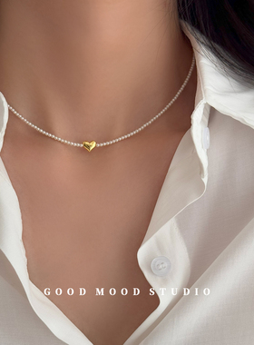 GMS玛丽珍 法式高级感珍珠串珠项链女气质金色爱心吊坠颈链锁骨链