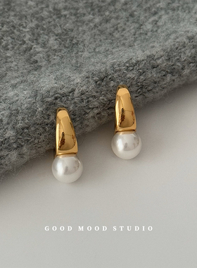 GMS法国女孩 法式气质c形高亮珍珠耳环轻奢高级感通勤耳饰925银针