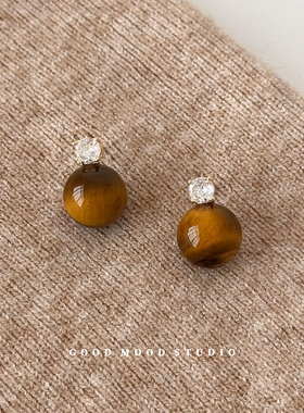 GMS奥兰德 高级闪钻虎眼石轻奢耳环美拉德风复古小众耳钉银针气质