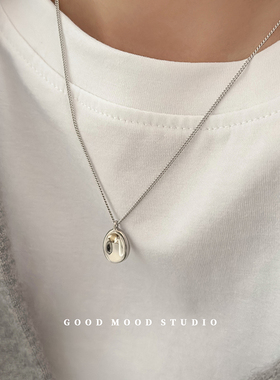 GMS弗里假日 极简风光面椭圆吊坠项链女生简约几何凹面锁骨链纯银