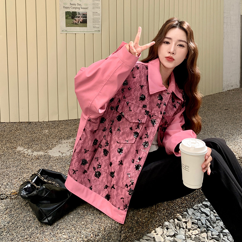 现货设计款时尚网纱拼接皮衣外套女2C282-973P160K238,女装短外套,2C282
