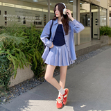 蓝色复古格纹衬衫套装裙女2025年夏季新款韩系学院风百褶裙两件套，女装套装/套裙，2C282