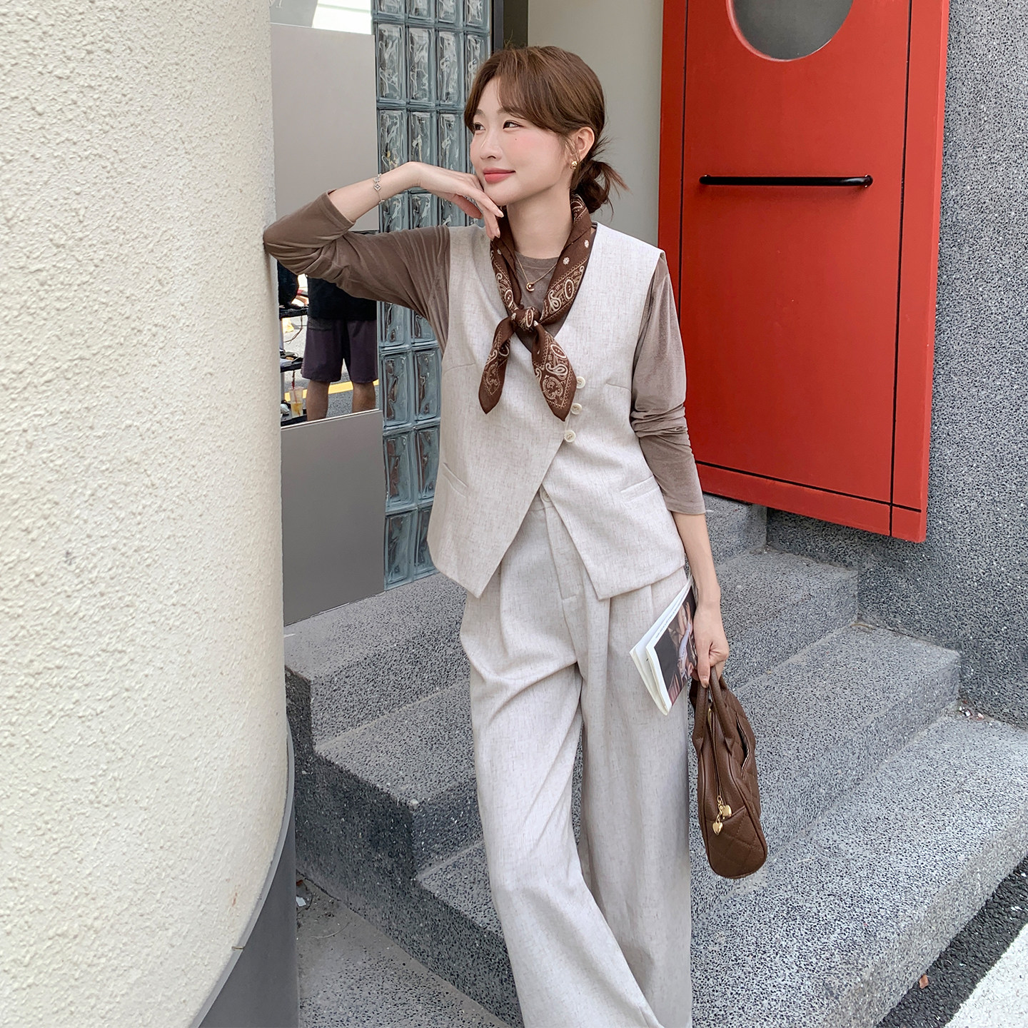 现货老钱风围巾马甲阔腿裤3件套2C282-976P160K248,女装套装/套裙,2C282
