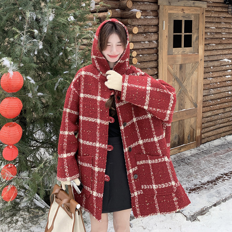 红色格子羽绒服呢大衣女秋冬2025新款连帽韩系流行加厚毛呢外套图片