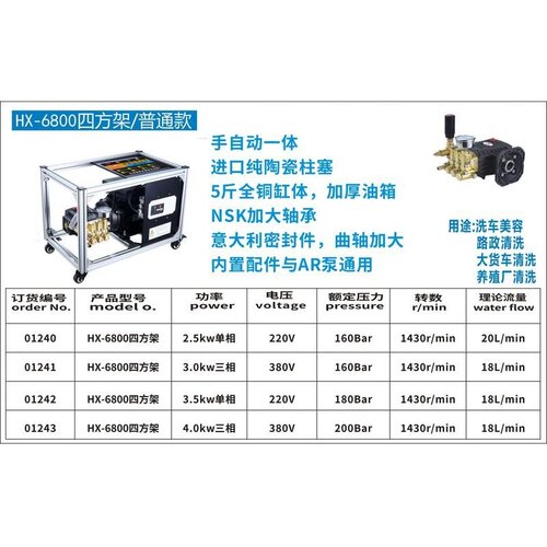虎啸HX-6800洗车机高压泵头工业商用高压清洗机四方机架支持挂墙