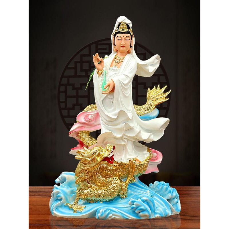 踏龙观音菩萨佛像家用供奉保平安树脂摆件19寸新款白衣观世音娘娘