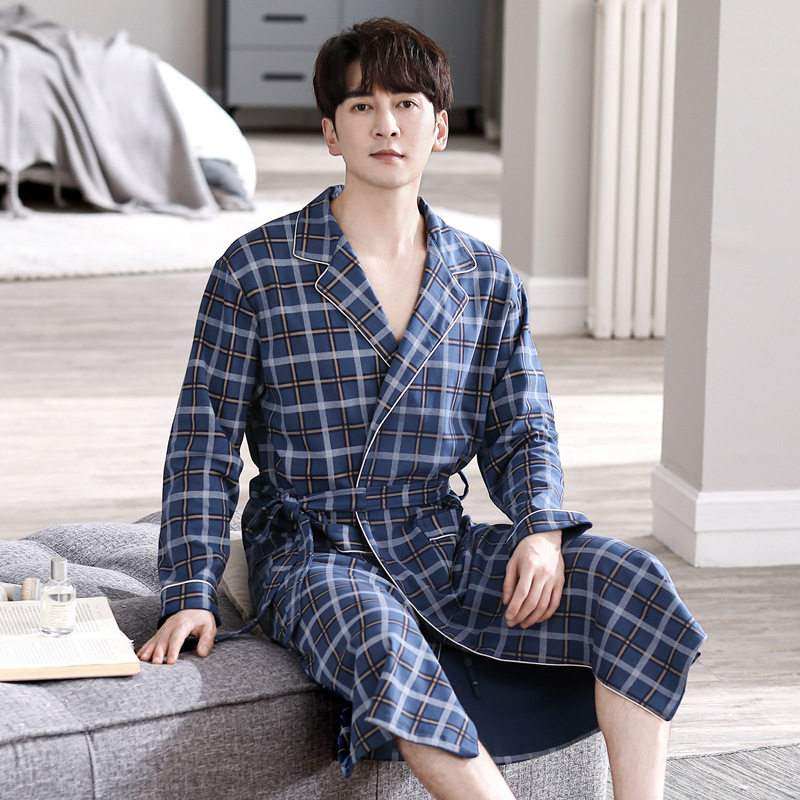 睡袍男士秋冬款棉质长袖款宽松中家居服大浴袍长码开衫格子睡衣