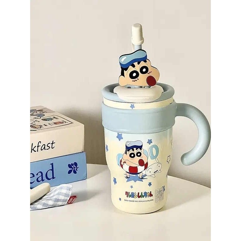 蓝色蜡笔小新大容量可爱吸管直饮两用保温杯女生办公室冰霸水杯子