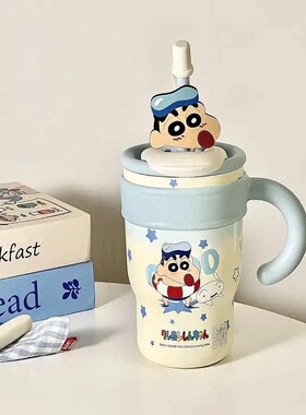 蓝色蜡笔小新大容量可爱吸管直饮两用保温杯女生办公室冰霸水杯子