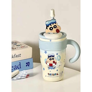 蓝色蜡笔小新大容量可爱吸管直饮两用保温杯女生办公室冰霸水杯子