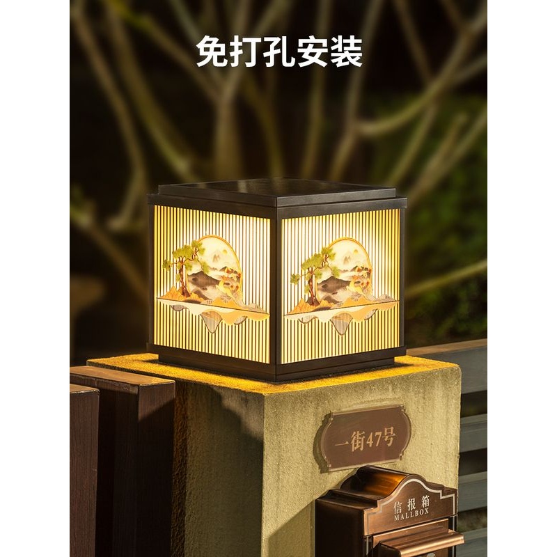 农村大门口柱子灯免打孔太阳能柱头灯别墅围墙庭院接电门柱灯户外