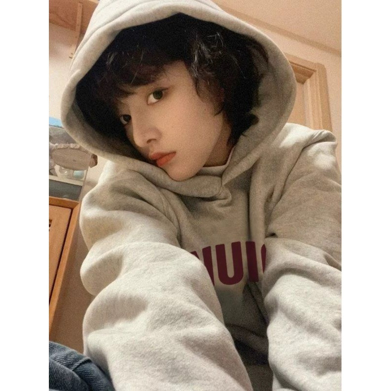 纯棉灰色连帽卫衣外套女春秋冬加绒加厚小众设计感慵懒风宽松上衣