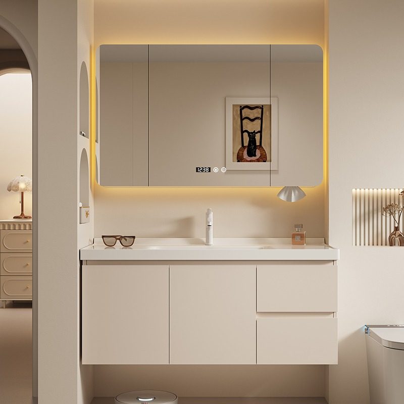 奶油风纯橡木烤漆浴室柜组合陶瓷一体盆挂墙式化妆室洗手盆洗脸盆