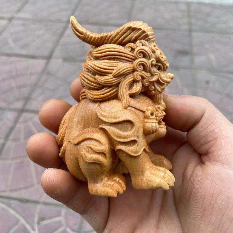 崖柏黄杨木雕瑞兽三眼麒麟件客厅摆件装饰品有文玩王者德车载手把