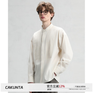 隐藏式 _宫廷风百褶前片 门襟 老钱质感天丝棉亨利领衬衫 CAKUNTA