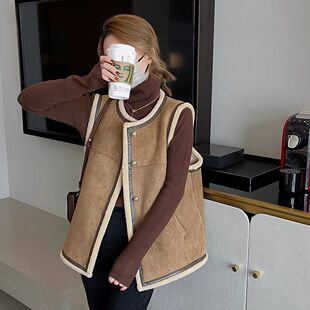 网红皮毛一体仿羊羔毛马甲女2025冬季韩版宽松显瘦百搭无袖马夹