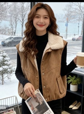 美式工装鹿皮绒马甲外套女秋冬设计感羊羔绒毛衣棉服马夹上衣