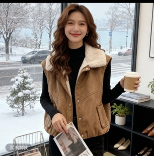 美式工装鹿皮绒马甲外套女秋冬设计感羊羔绒毛衣棉服马夹上衣