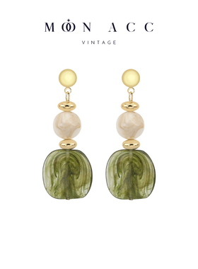 MOON ACC/复古绿色晕染方糖金珠耳环 小众设计感轻奢高级耳饰耳夹