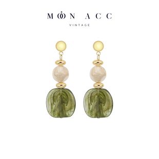 小众设计感轻奢高级耳饰耳夹 复古绿色晕染方糖金珠耳环 MOON ACC